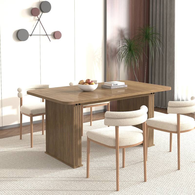 Rounded stripes Extendable Dining Table for 6-10 People, Wood Table with Double Robust Pedestal, Conference Meeting Table