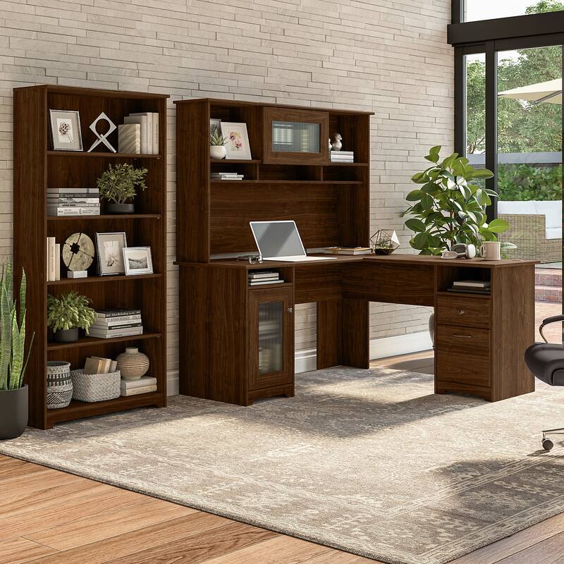 Cabot 60W L-Desk with Hutch and 5 Shelf Bookcase by Bush Furniture - Modern Walnut