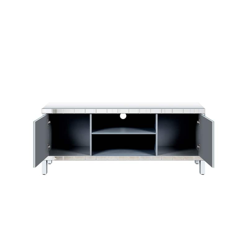 59" Mirrored TV Console, Silver Entertainment Stand with Diamond-Inlay Doors, Glass Finish, Open Shelves & Cabinets