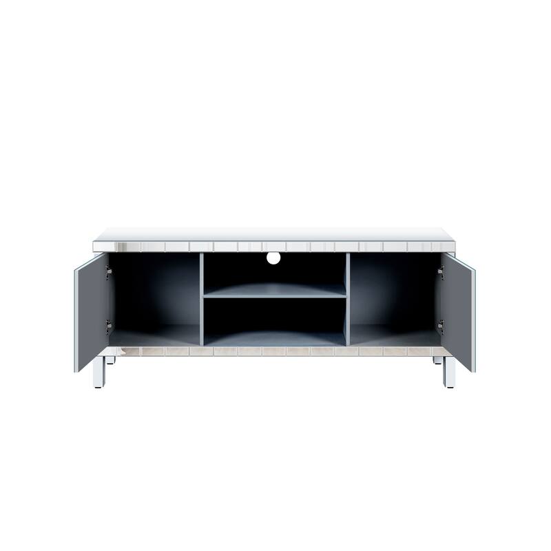 Modern Mirrored TV Stand with 2 Bookshelves and 2 Crystal Handle Cabinet Doors, for 65+ Inch TVs, for Living Rooms