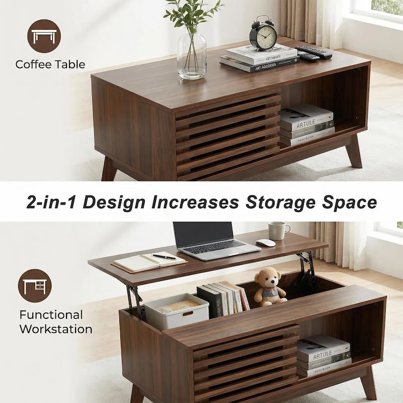 35.4"Lift Top Coffee Table with Storage, Mid Century Modern Coffee Table with Slatted Sliding Door and Hidden Compartment