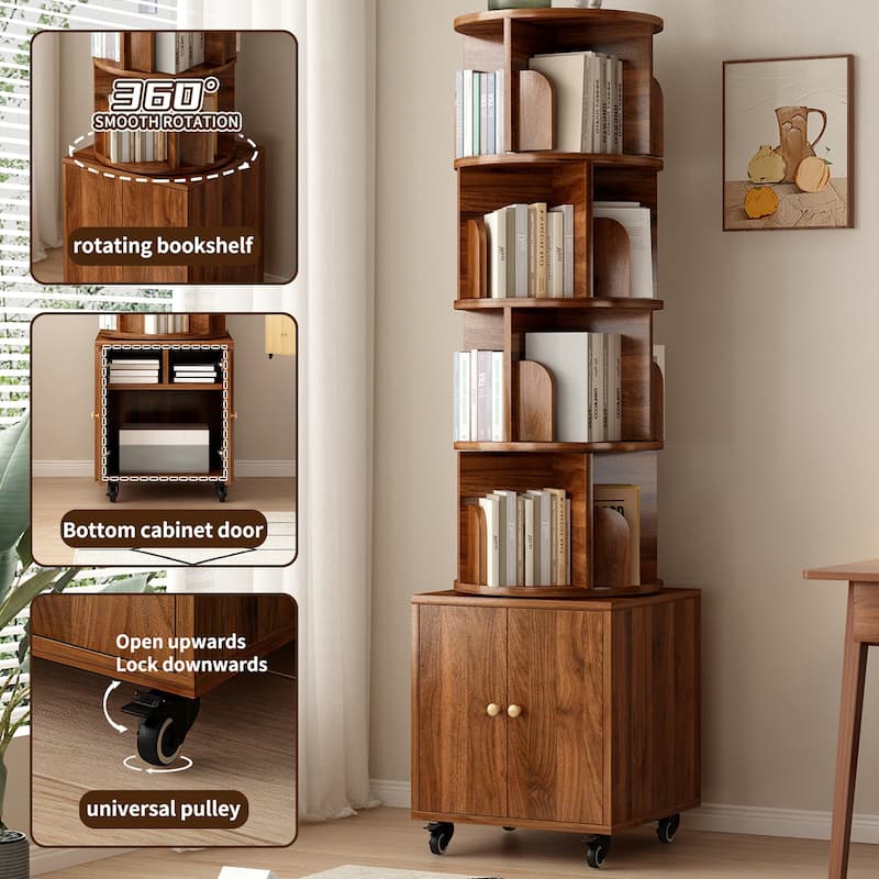 Anmytek 360 Rotating Corner Bookshelf with Wheels Space Saving Storage for Small Rooms