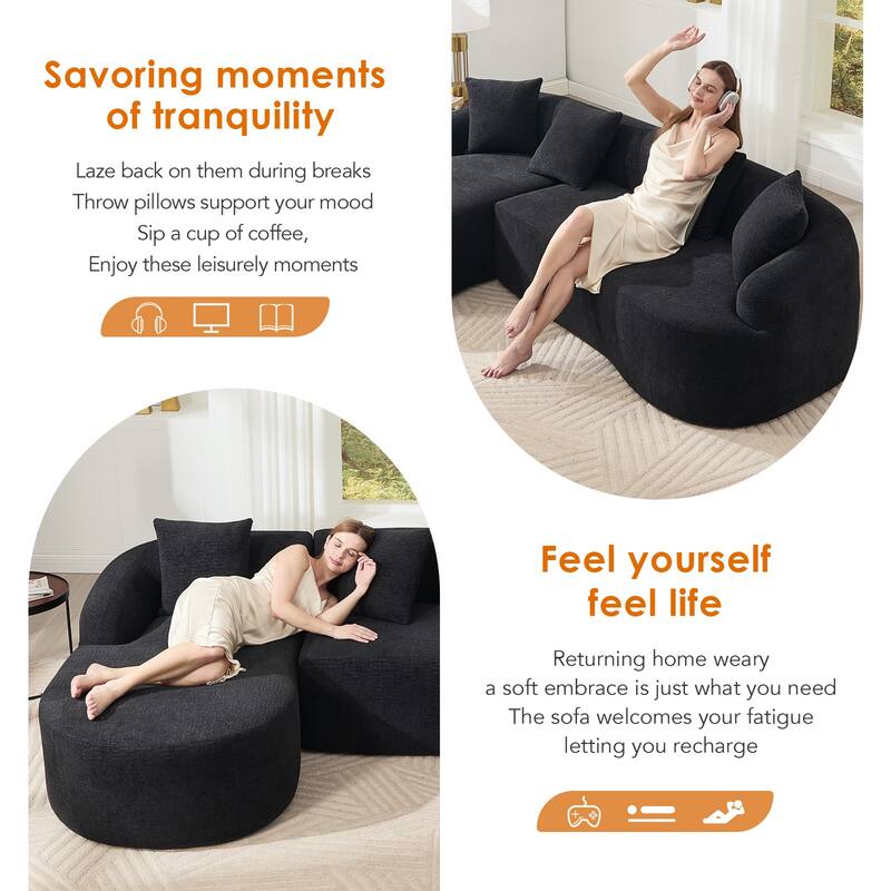 98.8" Boneless L-Shaped Sectional Sofa with Curved Chaise, Modular Chenille Compression Couch with 30D Foam for Living Room