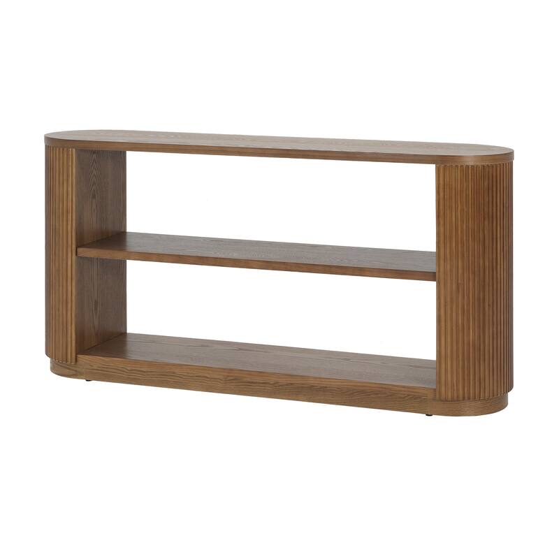 58.9" Wooden Entryway Console Table with Triple Tier Open Storage Shelves, Living Room Vertical Striped Sofa Table with Oval Top