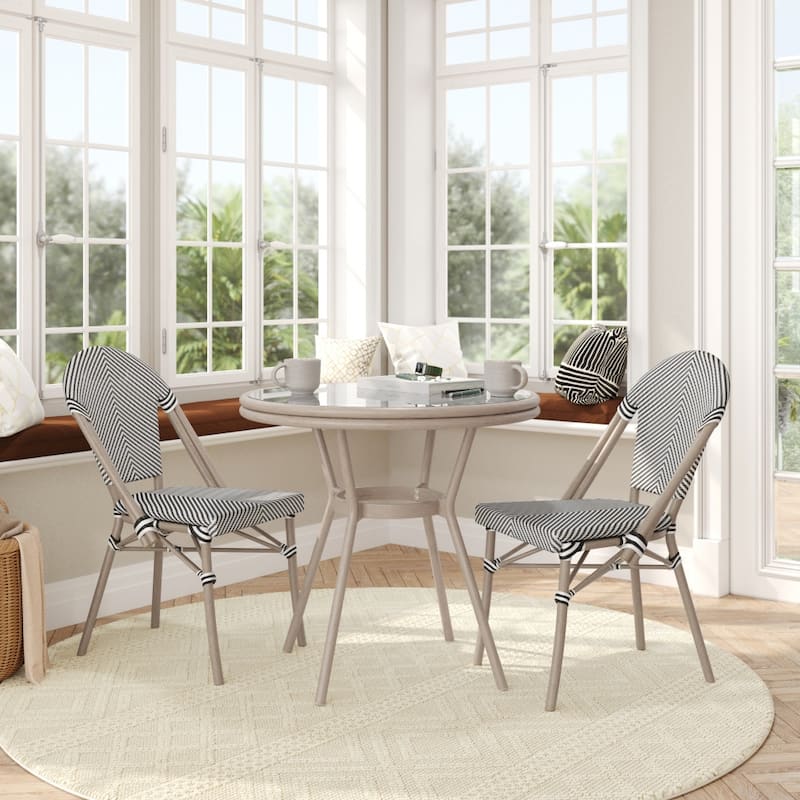 Indoor/Outdoor Commercial Bistro Set with Table and Two Chairs - Black & White Textilene/Light Natural Frame