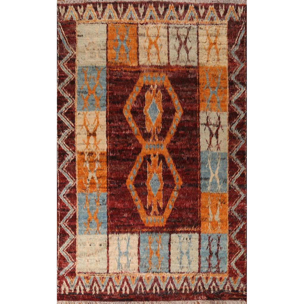 Hand Knotted Oriental 100% Wool Carpet Modern Tribal Red Moroccan Area Rug - 9' 9'' X 7' 0''