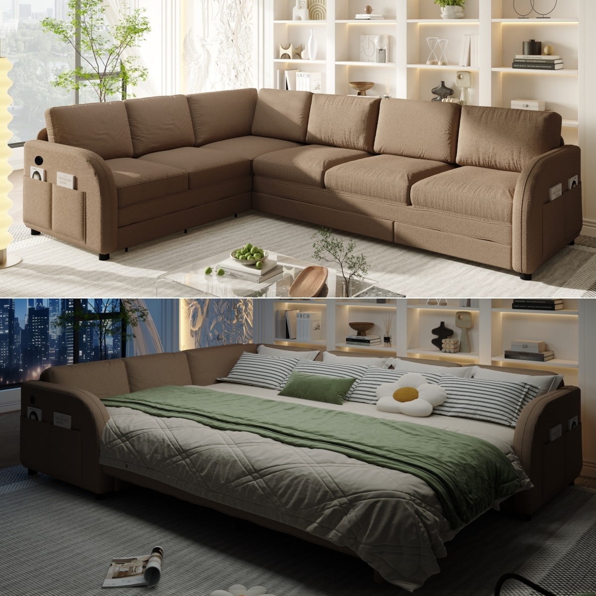 Sectional Sleeper Sofa with Pull Out Bed, Convertible Teddy Fabric Couch with Side Pockets & USB Ports, L Shaped Modular Couches