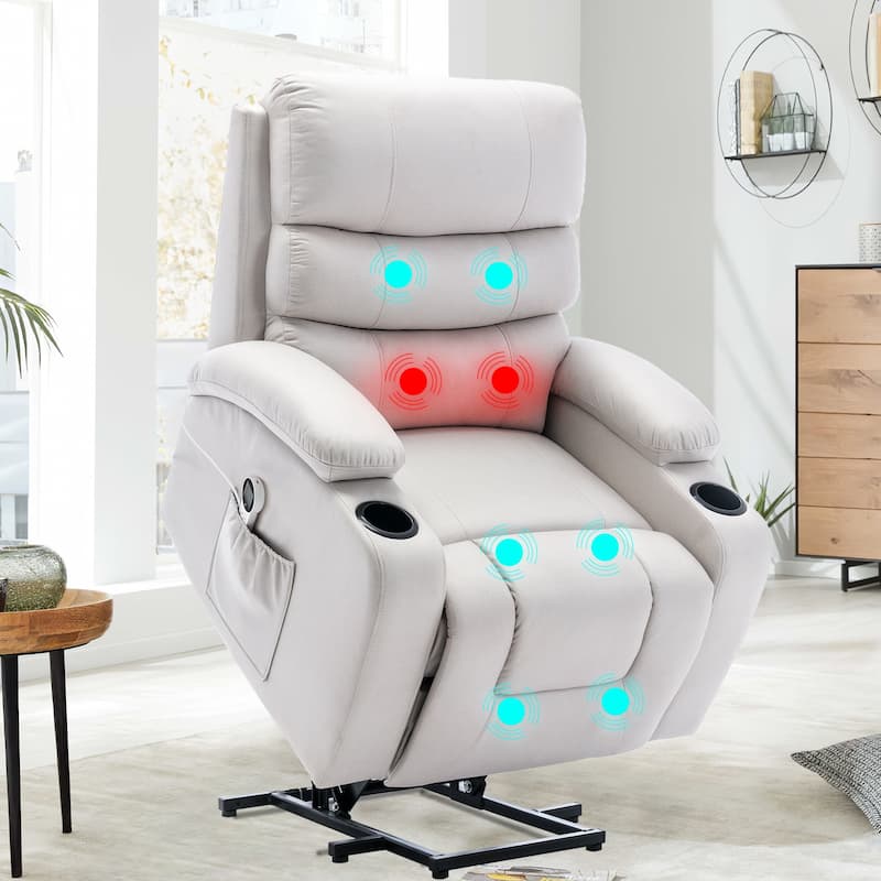 Oversized Power Lift Recliner Chair with Massage & Heat, PU Leather, USB Port, Cup Holders & Pockets
