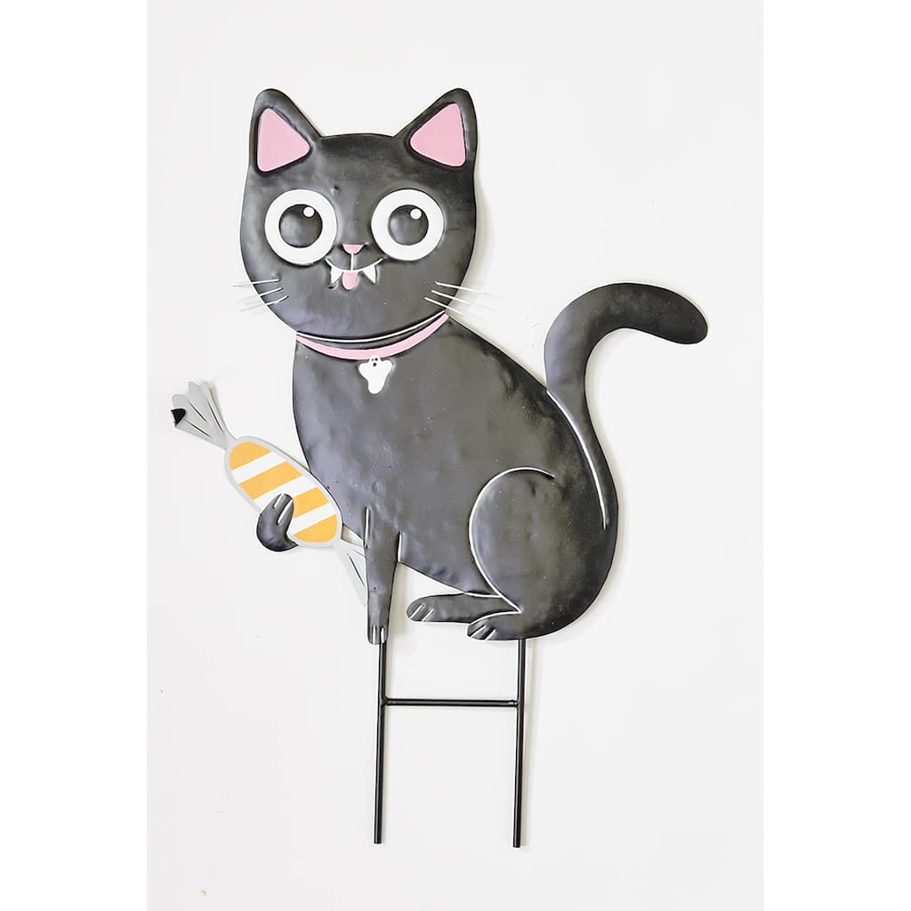 20" Metal Halloween Black Cat with Candy Garden Stake