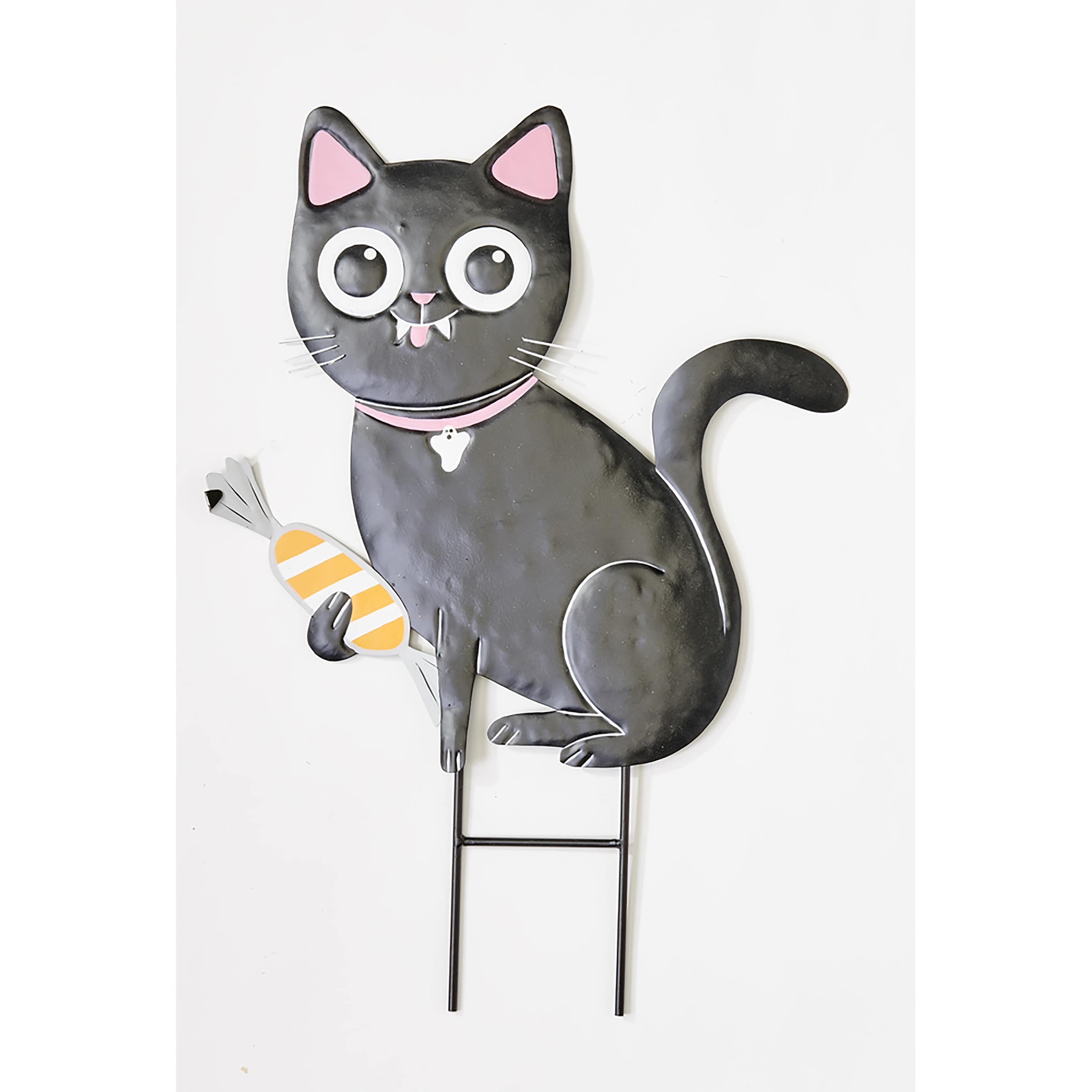 20" Metal Halloween Black Cat with Candy Garden Stake