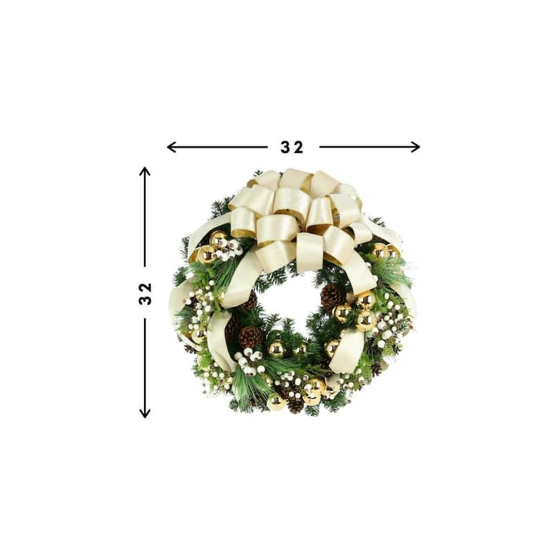 32 in Holiday Wreath With Berries and a Ribbon Bow - Green, Cream, Gold - 32Hx32Wx9D