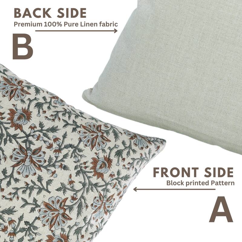 Fabdivine Block Print 12x20 Inch Pillow Cover Pure Linen Floral Farmhouse Decor Accent for Brown Soft, Cushion Case, Kanak Buti