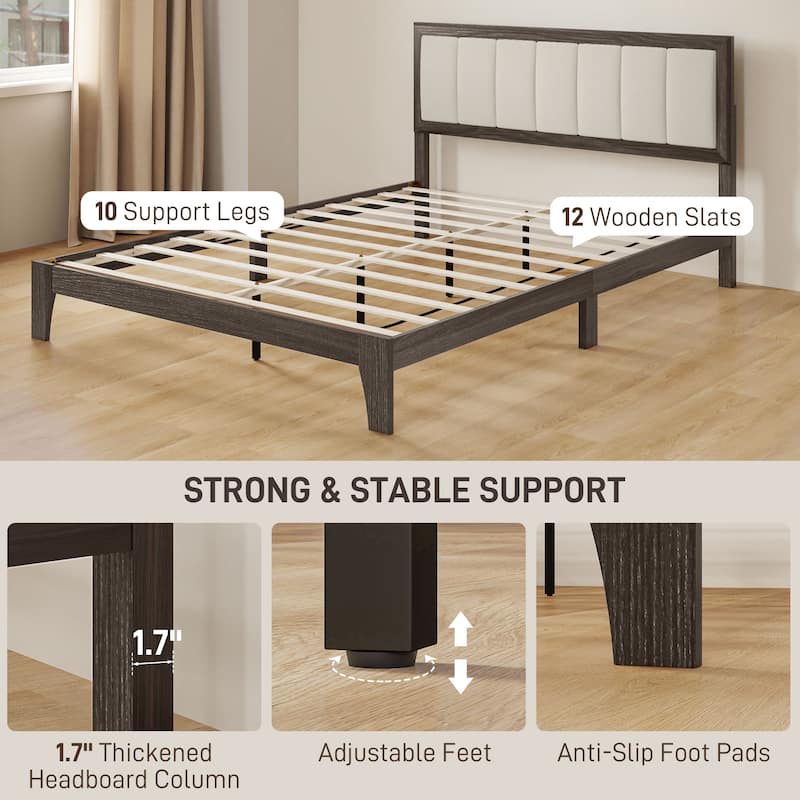 HOMCOM Queen Size Bed Frame with Upholstered Headboard, Platform Bed Frame with Wooden Slats, No Box Spring Needed