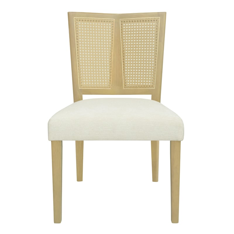 Fabric Dining Chairs Set of 2, Ergonomic Kitchen Side Chairs, Upholstered Accent Chair with Rattan Back & Solid Wood Legs