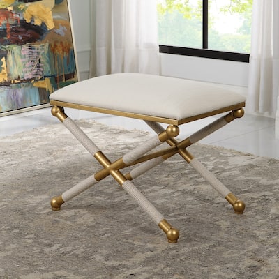 Upholstered Rectangular Bench with Metal Base - 24" - Gold and White