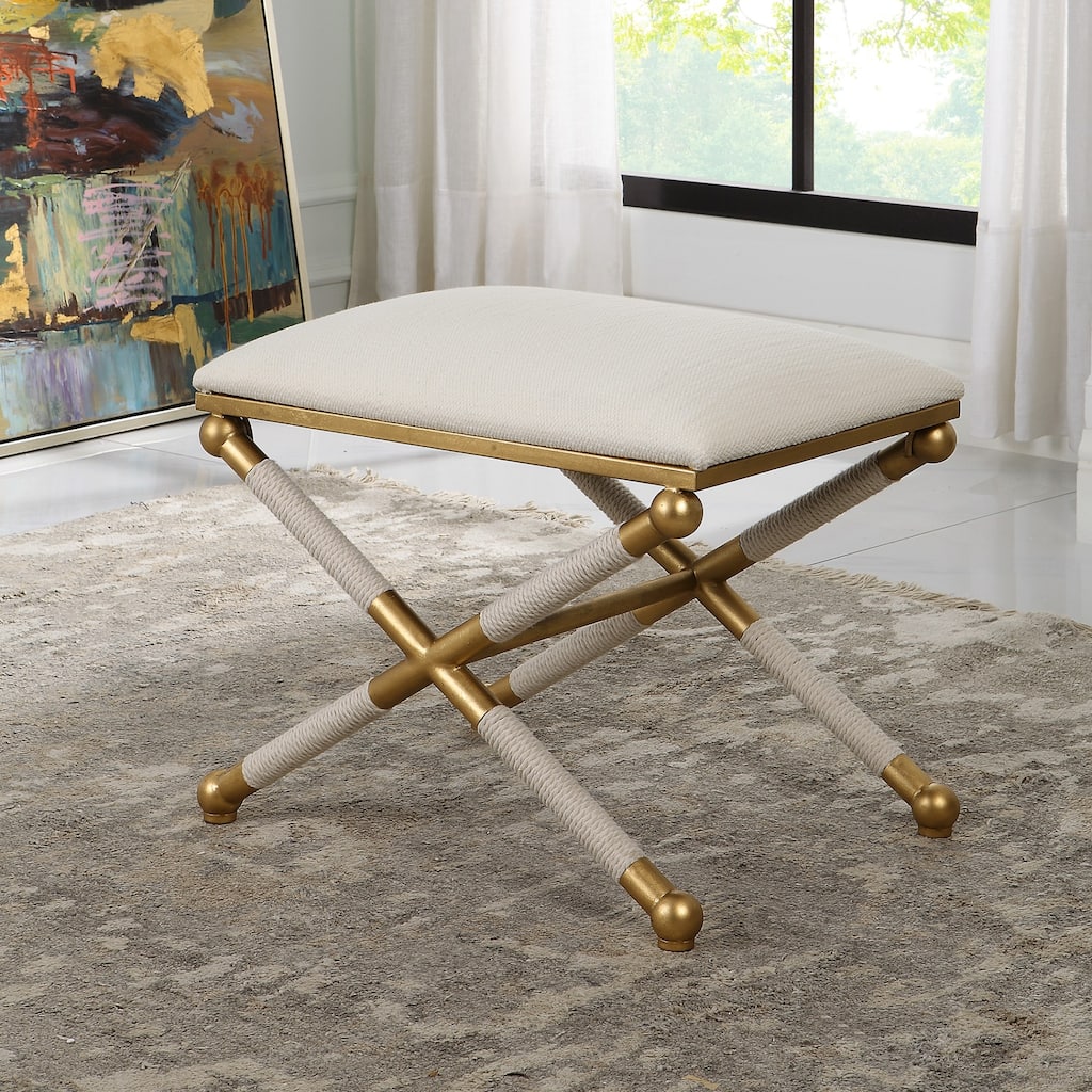 Upholstered Rectangular Bench with Metal Base - 24" - Gold and White
