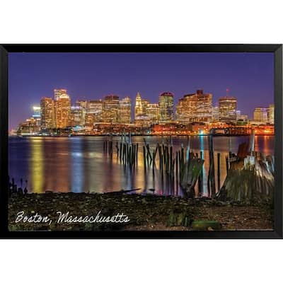Wayne Collamore Boston Skyline At Night Photography Framed Poster - 24 x 36 Inch