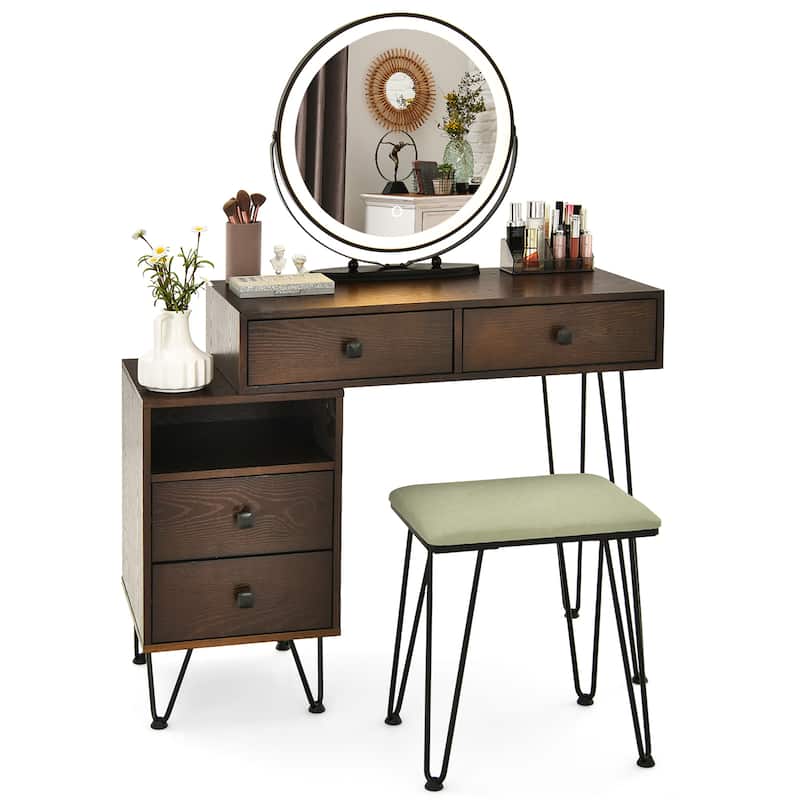 Costway Vanity Table Stool Set Dimmer LED Mirror Large Storage Cabinet - See details