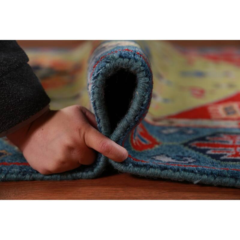 Animals Green Kazak Oriental Area Rug Handmade Wool Carpet - 4'10" x 7'7"