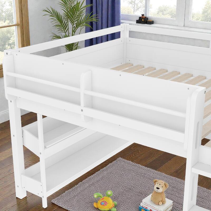Low Loft Bed with Desk, Storage Bookcases, Drawers & Boxes, Solid Wood Kids Loft Bed with Blackboard Shelf