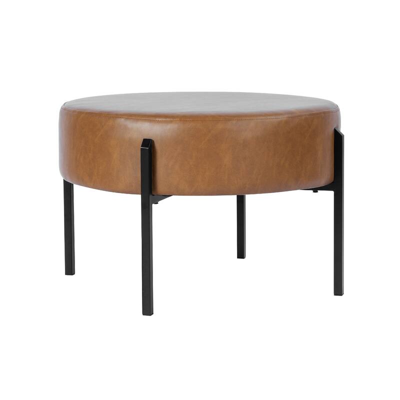 Joe Round Ottoman Footstool, Black Metal, Brown Faux Leather 28 Inch