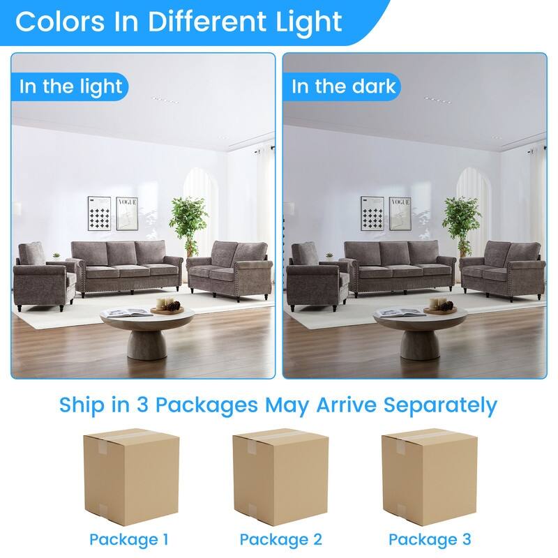 Mixoy 3Piece Chenille Living Room Sofa Set,Modern 3-Seater Sofa Couch&Loveseat Sofa&Single Sofa Armchair Set,Unique Riveted Look