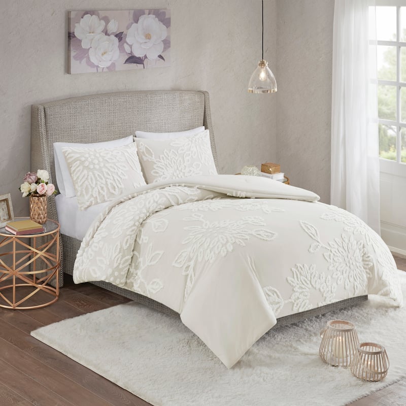 Madison Park Pansy Tufted Cotton Chenille Floral Comforter Set - Off White - Queen