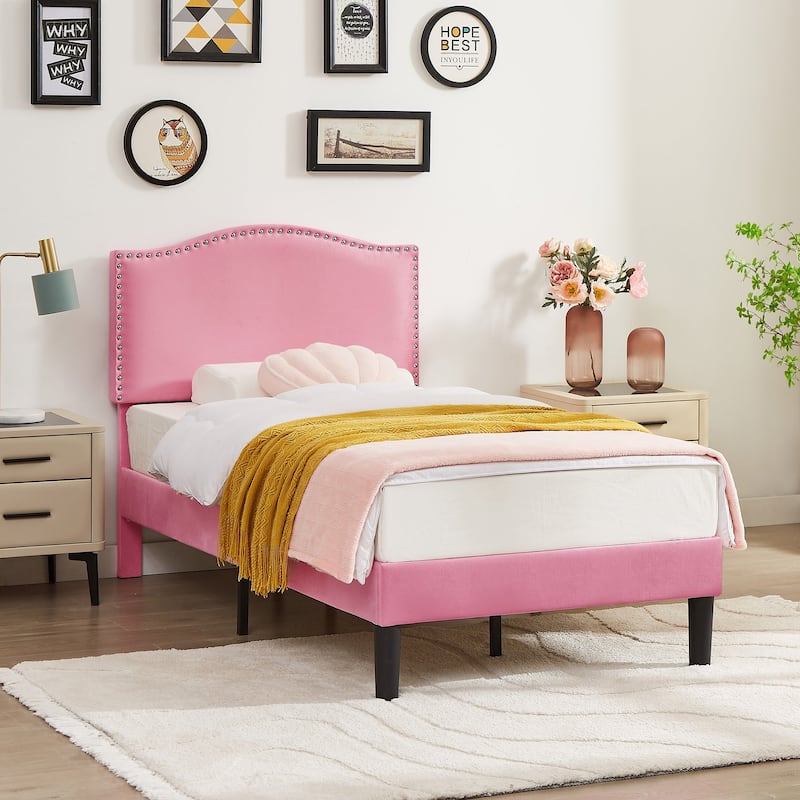 VECELO, Upholstered Platform Bed Frame with Adjustable Headboard, Twin/Full/Queen Size Beds, Pink
