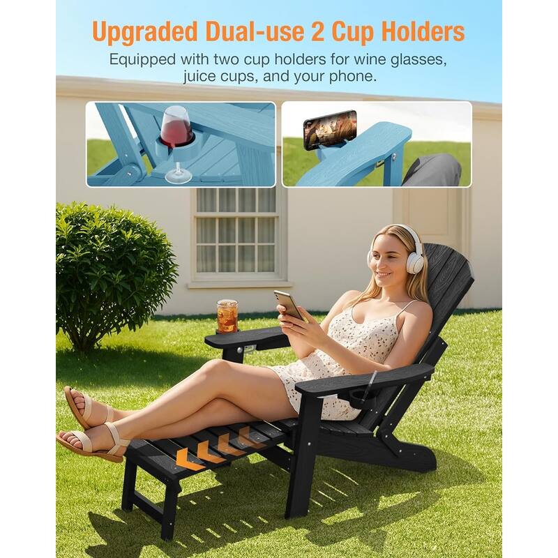 WINSOON Set of 2 HIPS Folding Adirondack Chair with Adjustable Backrest and Retractable Ottoman