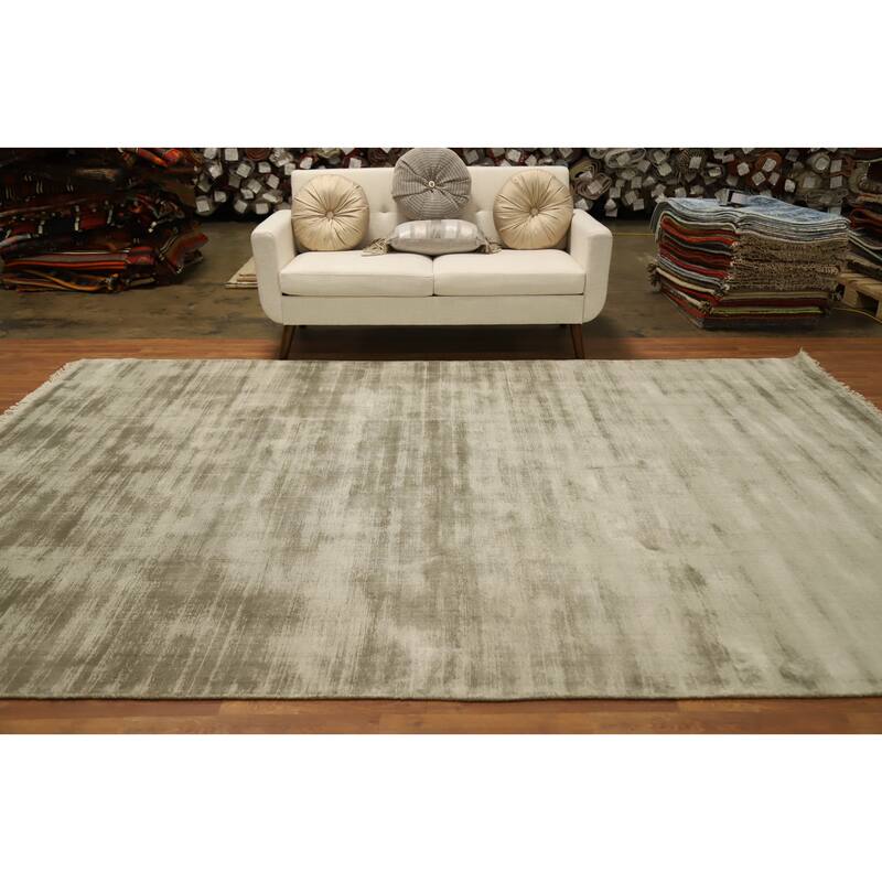 Hand Knotted Oriental Viscose Silk Carpet Modern Modern Green Abstract Area Rug - 11' 4'' X 8' 0''