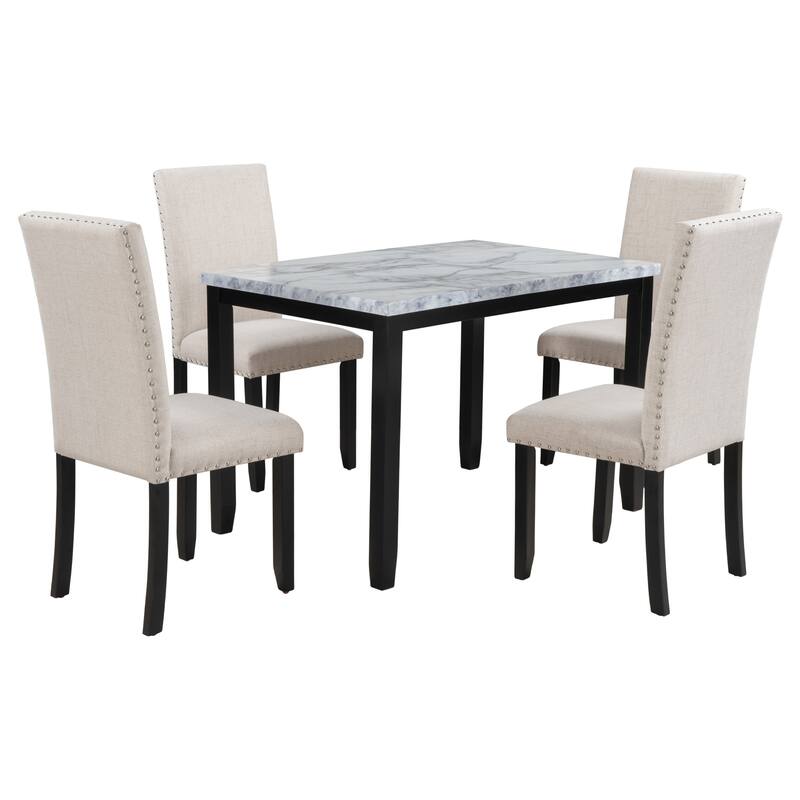 Modern Faux Marble Dining Table Set with 4 Comfortable Upholstered Chairs - Perfect for Home or Kitchen