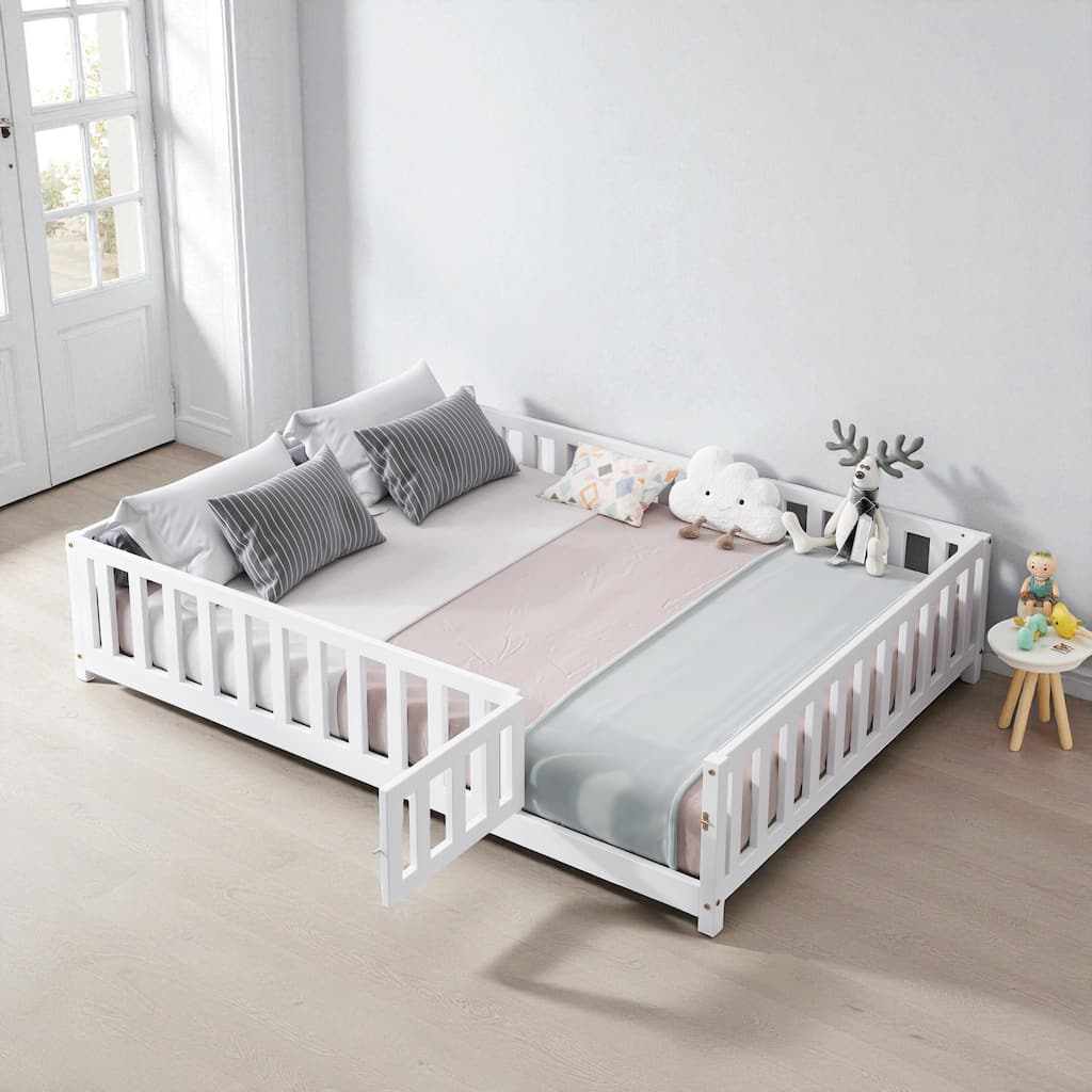 Full Size Montessori Floor Bed with Fence and Door, Solid Wood Platform Bed with Slats for Kids and Toddlers