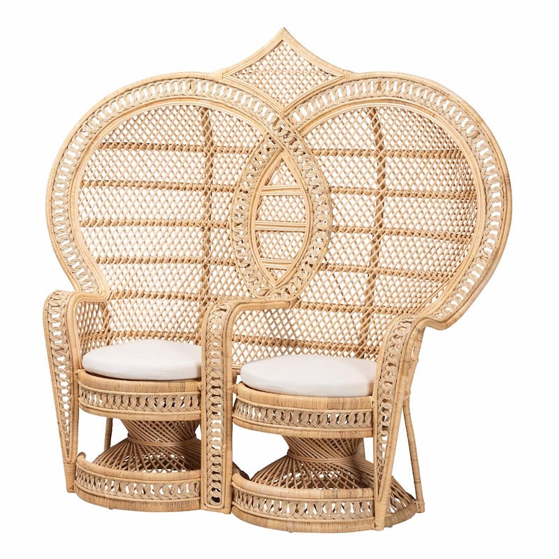 Nerita Modern Bohemian Natural Brown Rattan Two-Seater Peacock Chair - Natural