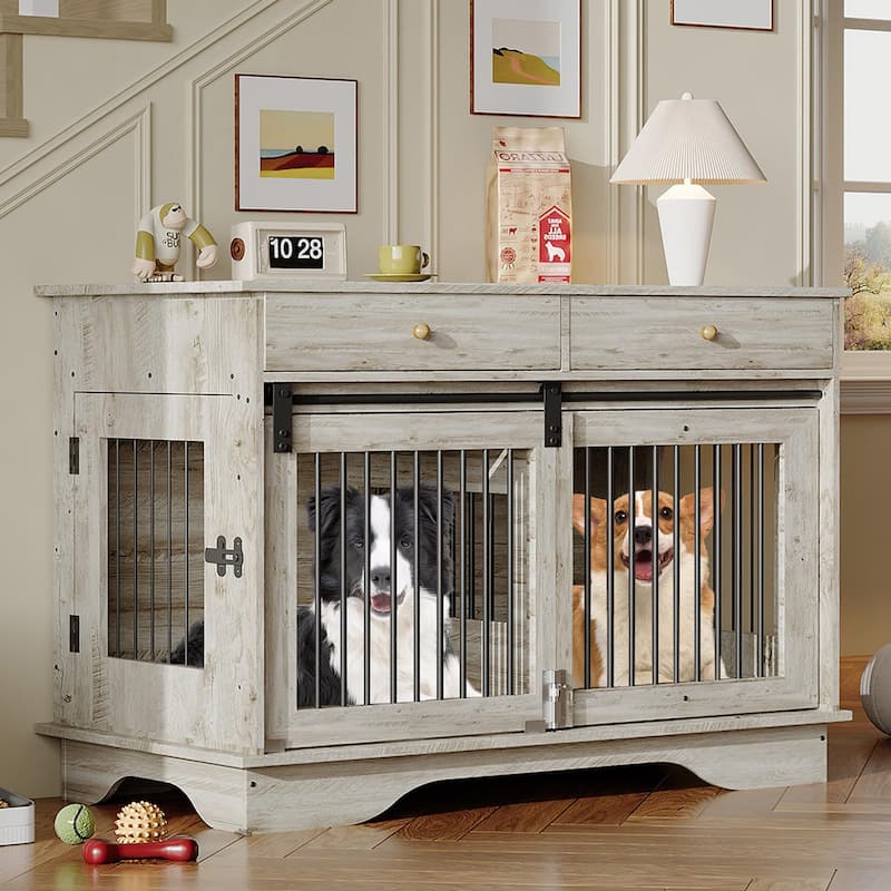 Furniture Style Dog Crate with Divider, Storage Drawers and 3 Doors - Grey