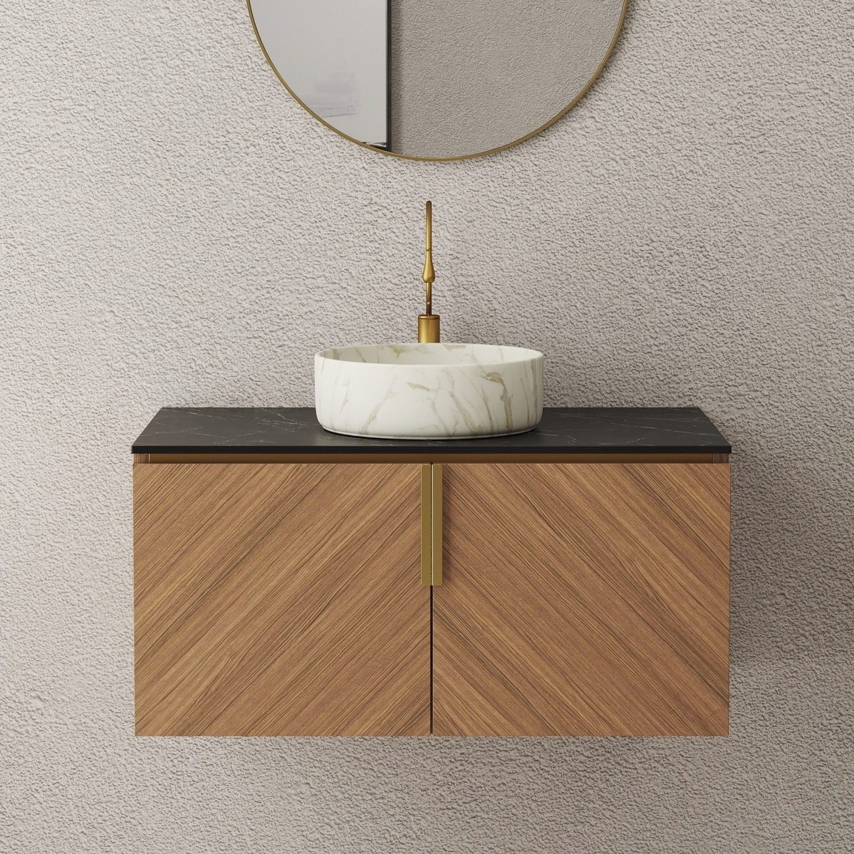 36" Bathroom Vanity&Sink, Wall-Mounted Plywood Cabinet (Double Doors), Sintered Stone Countertop&Round Ceramic Basin"