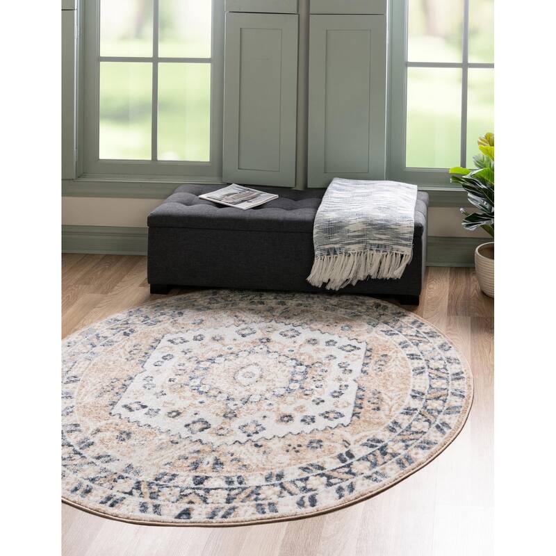 Contemporary Trabzon Collection Area Rug - Beige-Ivory - 5' Round