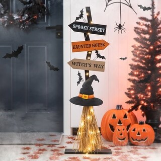 Glitzhome 42"H Lighted Wooden Witch's Broom Porch Decor - Multi-color