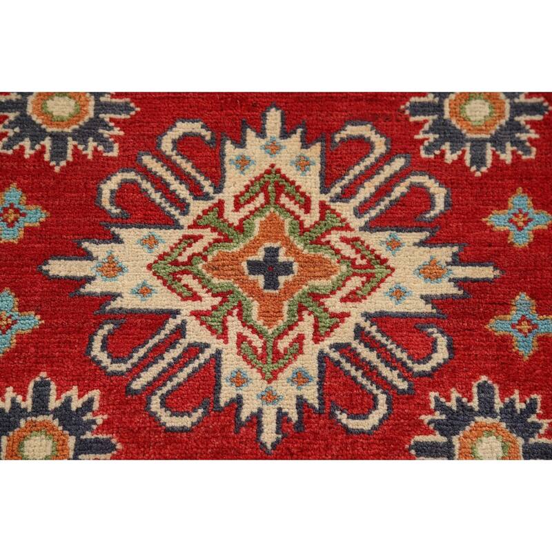 Red Kazak Foyer Rug Handmade Geometric Wool Carpet - 2'9" x 3'10"