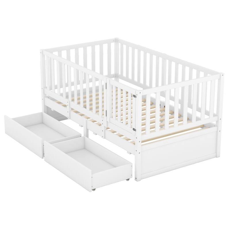 Modern Wood Daybed with Fence Guardrails and 2 Drawers