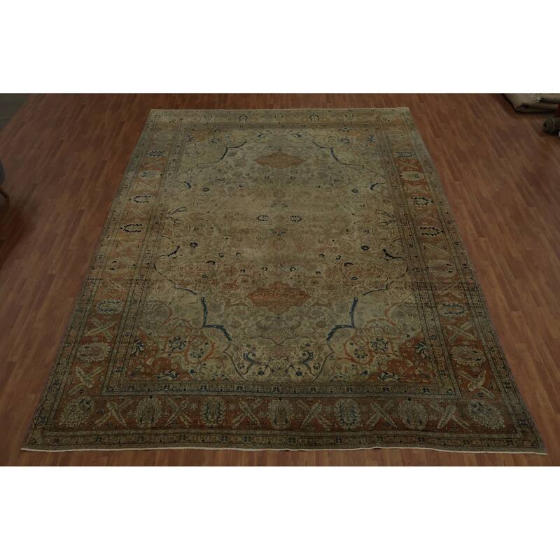 Hand Knotted Oriental 100% Wool Carpet Traditional Floral Beige & Ivories Kashan (Mohtasham) Area Rug - 16' 7'' X 12' 0''