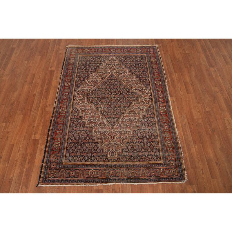 Hand Knotted Oriental 100% Wool Carpet Traditional Medallion Navy Blue & Blues Senneh Area Rug - 6' 4'' X 4' 4''