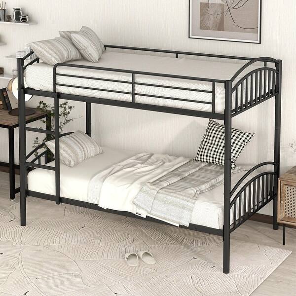 slide 2 of 47, Twin Over Twin Steel Bunk Bed with Guardrails and Convertible Design Black