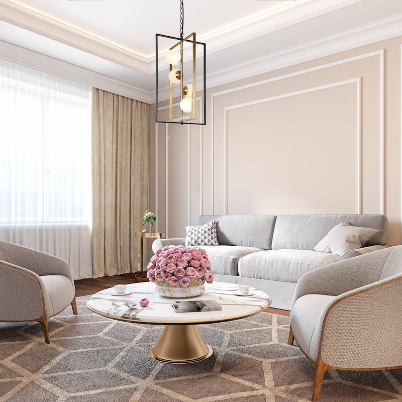 Modern Contemporary 4-Light Black Gold LED Chandelier Geometric Pendant Lights for Dining Room - 14.5" L x 13" W x 25.5" H