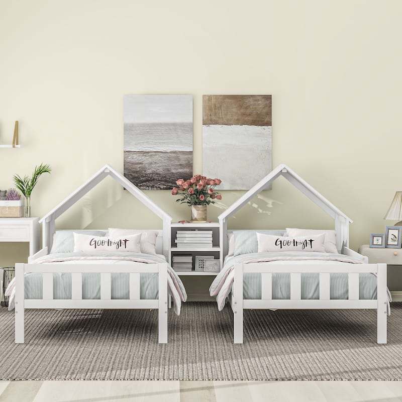 Double Twin Size Platform bed with House-shaped Headboard and a Built-in Nightstand, White