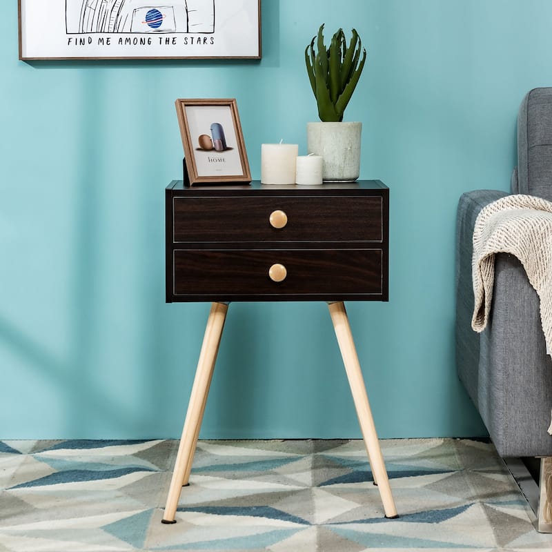Costway Mid Century Modern 2 Drawers Nightstand Sofa Side Table End - See Details