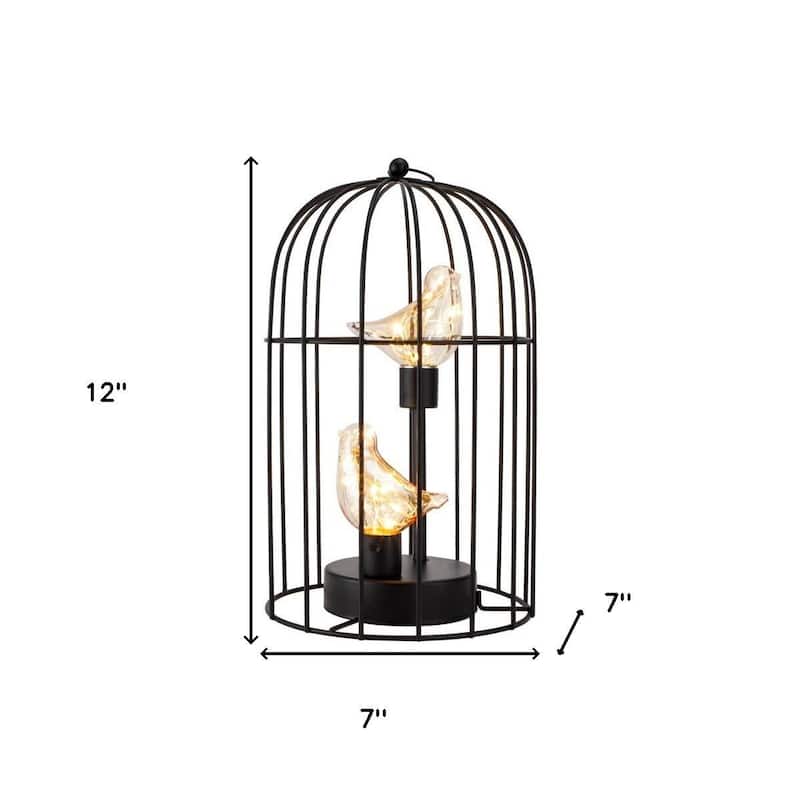 HomeRoots 12" Black Battery Operated Round Lamp With Bird Cage Shade - 7.00 in. x 12.00 in. x 7.00 in.