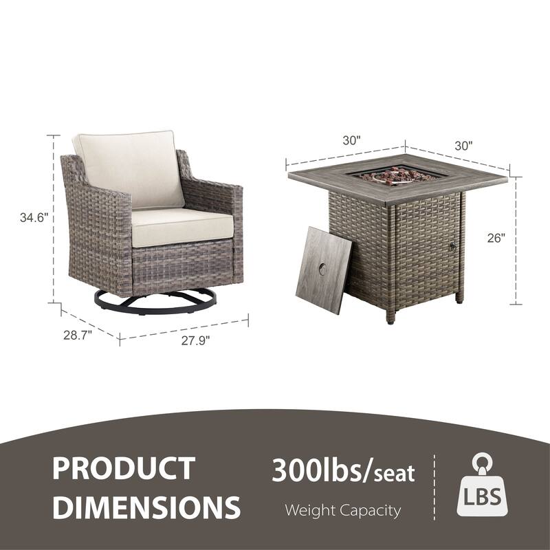 Glissia 5-Piece Gray Wicker Swivel Glider Fire Pit Set with Square Wicker Fire Table