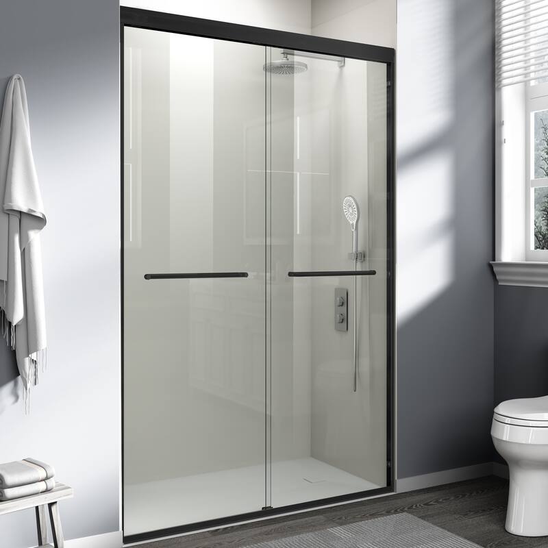 ABRUZZO 44-48" W x 72" H Semi-Frameless Double Sliding Tempered Glass Shower Door with Dual Towel Bars