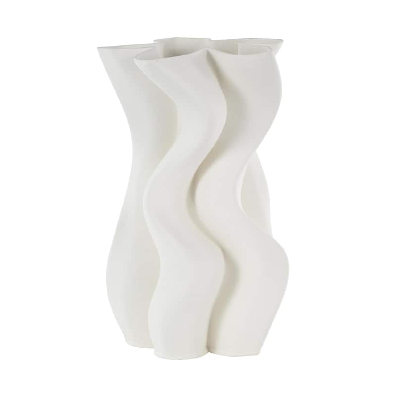 Ceramic Abstract Ribbed Dimensional Wavy Decorative Vase with Floral Shaped Rim - White - Roche River Decor
