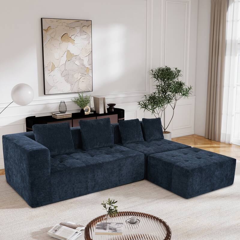 Sectional Couch for Living Room, 4 Seat L Shape Couch Tufted Couch Removable Modular Sofa with Movable Ottoman & 4 Cushions
